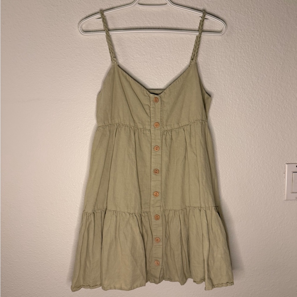 Sleeveless Sage Mini Dress Braided Straps and Bamboo Buttons
